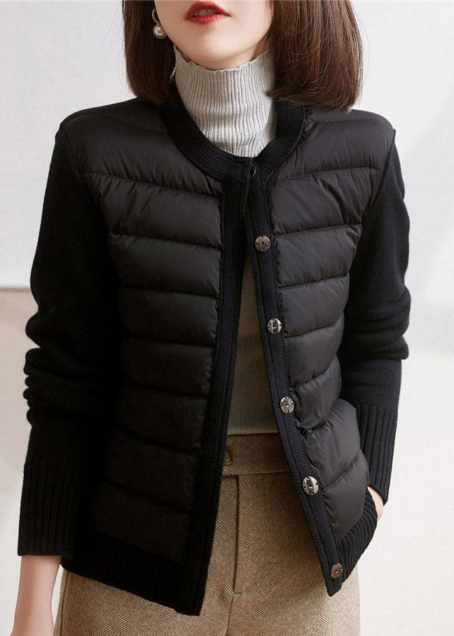 Apricot Turtleneck Zippered Patchwork Knit Parka Long Sleeve