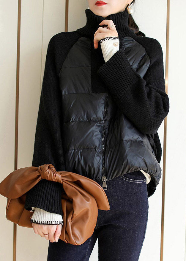 Apricot Turtleneck Zippered Patchwork Knit Parka Long Sleeve