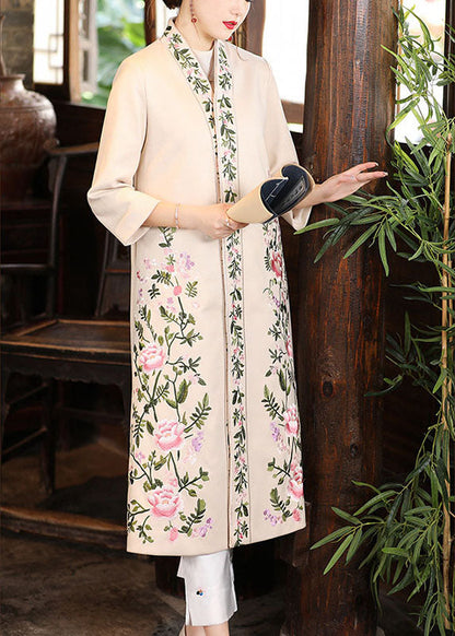 Apricot V Neck Print Oriental Fall Winter Three Quarter Sleeve Coat