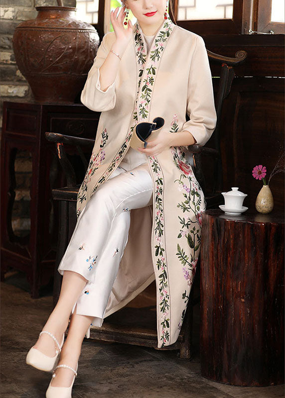 Apricot V Neck Print Oriental Fall Winter Three Quarter Sleeve Coat