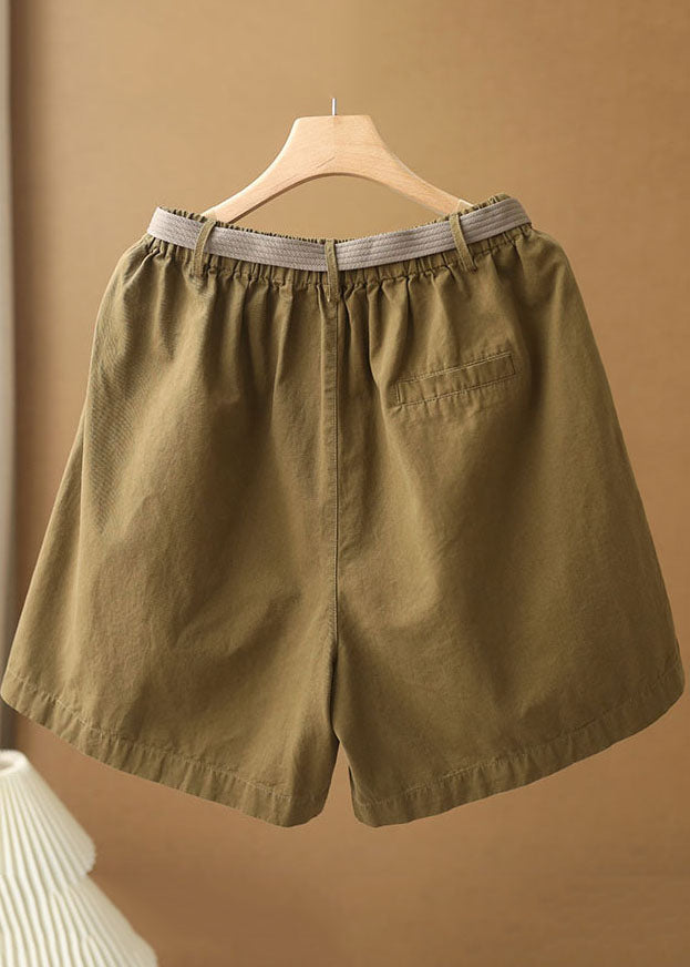 Army Green Elastic Waist Pockets Sashes Cotton Wide Leg Shorts Summer