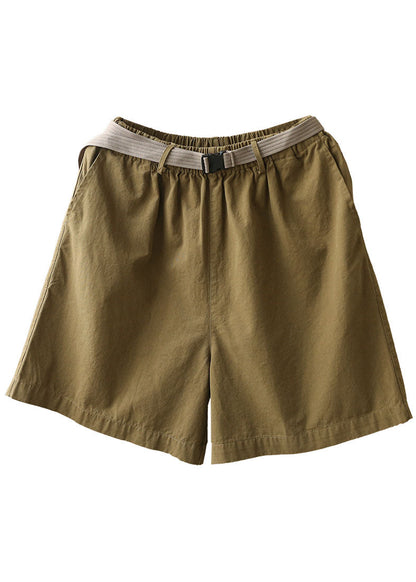 Army Green Elastic Waist Pockets Sashes Cotton Wide Leg Shorts Summer