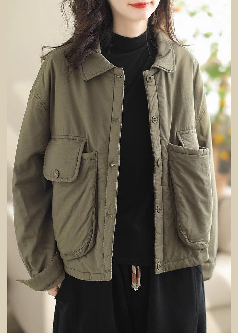 Army Green Oversized Pockets Fine Cotton Filled Parkaer Winter