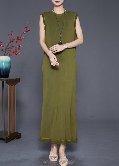 Army Green Tasseled Slim Fit Knit Dresses Sleeveless