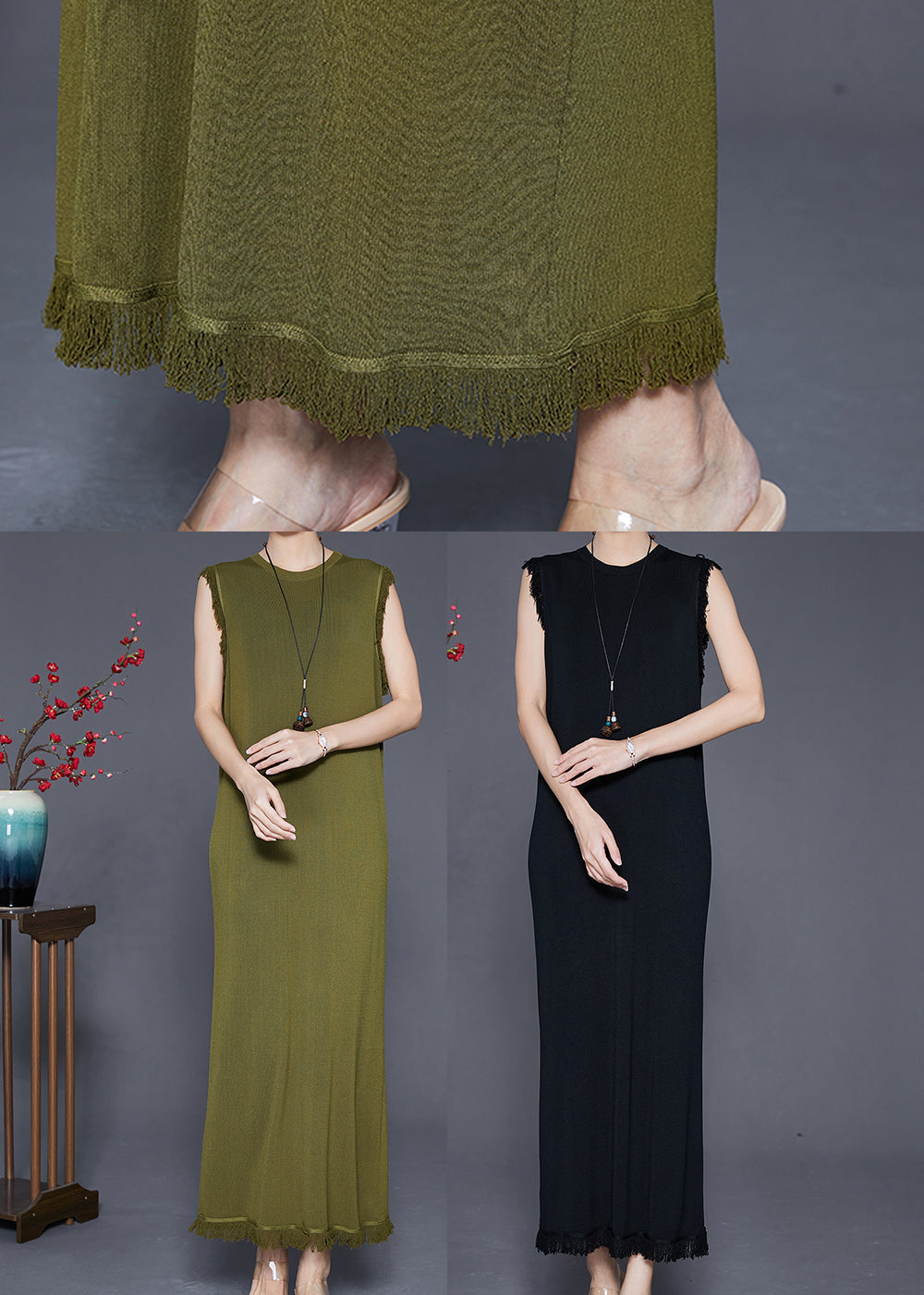 Army Green Tasseled Slim Fit Knit Dresses Sleeveless