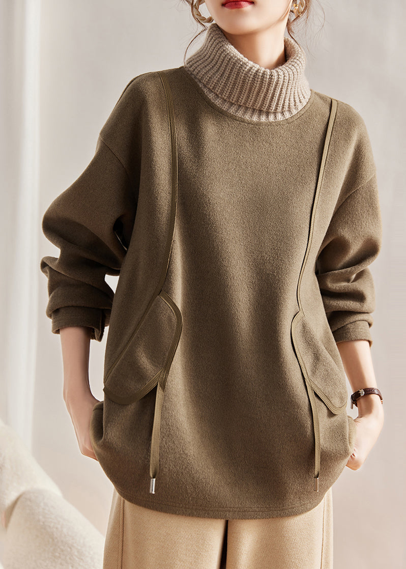 Boho Army Green Turtle Neck Patchwork Cotton Sweatshirts Tops Winter