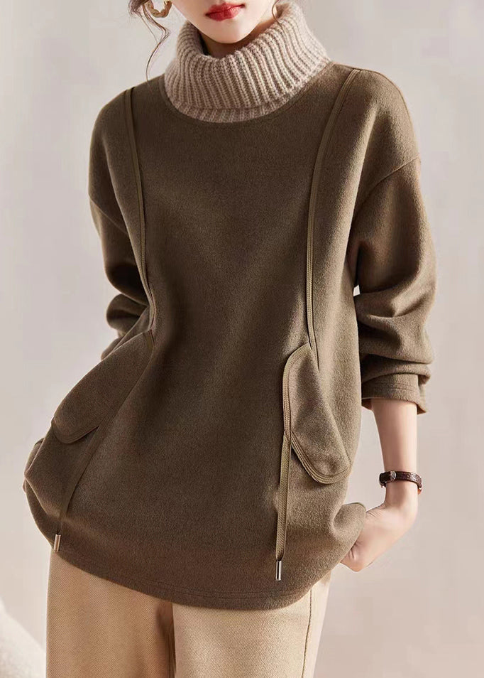 Army Green Turtle Neck Patchwork Cotton Sweatshirts Tops Winter