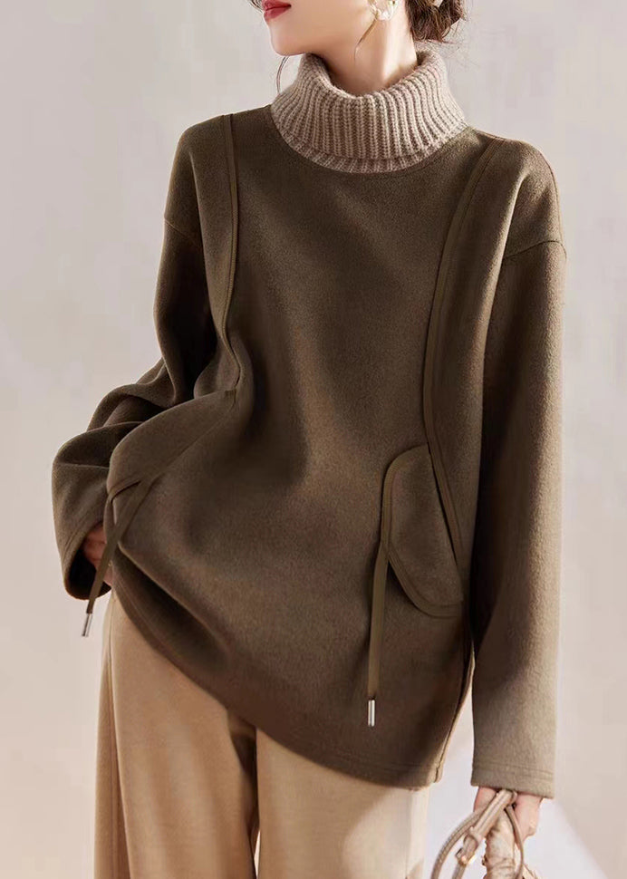 Army Green Turtle Neck Patchwork Cotton Sweatshirts Tops Winter