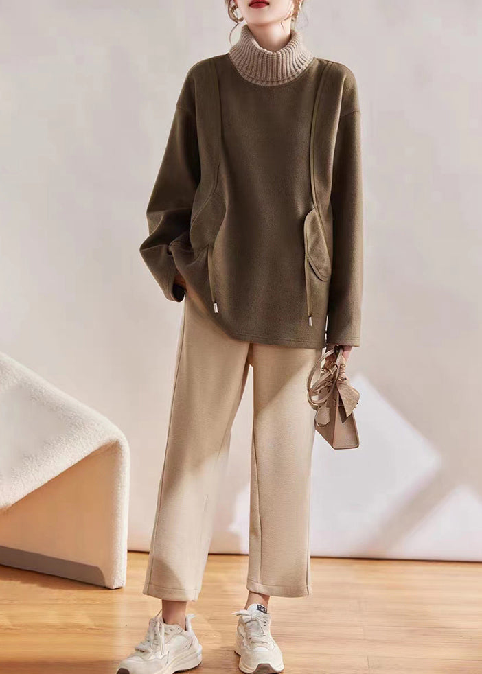Army Green Turtle Neck Patchwork Cotton Sweatshirts Tops Winter
