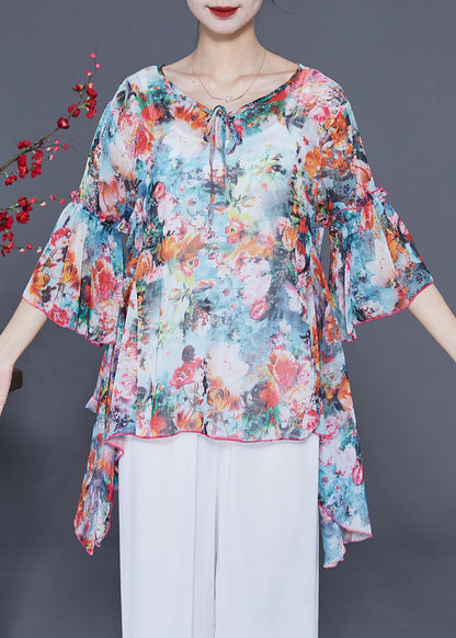 Asymmetrical Design Print Chiffon Shirts Flare Sleeve