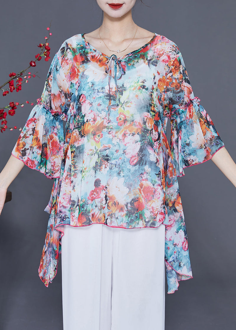 Asymmetrical Design Print Chiffon Shirts Flare Sleeve