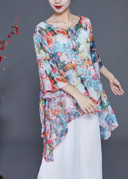 Asymmetrical Design Print Chiffon Shirts Flare Sleeve