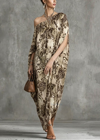 Asymmetrical Design Print Cotton Dress Batwing Sleeve