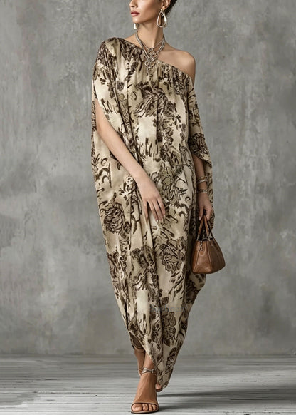 Asymmetrical Design Print Cotton Dress Batwing Sleeve