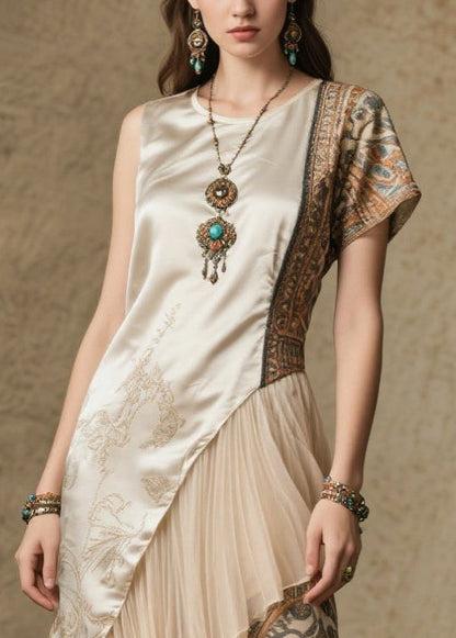 Beige Asymmetrical Patchwork Print Silk Robe Dresses Summer
