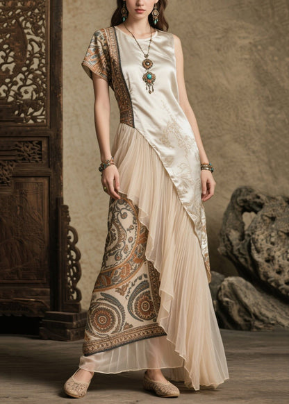 Beige Asymmetrical Patchwork Print Silk Robe Dresses Summer