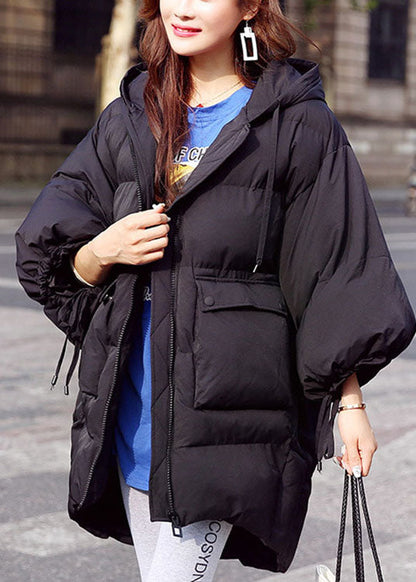 Beige Bat Wing Sleeve Pockets Loose Winter Down Jacket