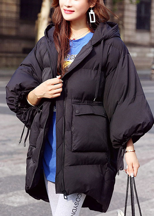 Beige Bat Wing Sleeve Pockets Loose Winter Down Jacket
