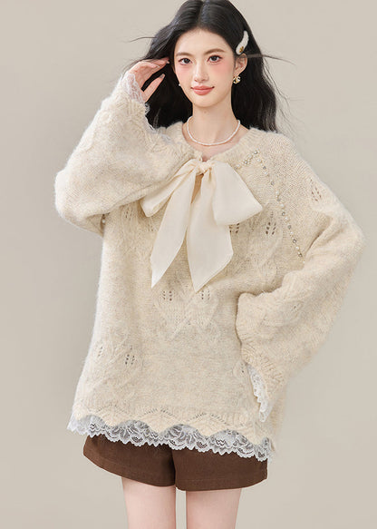 Beige Bow Nail Bead Patchwork Lace Knit Tops Winter