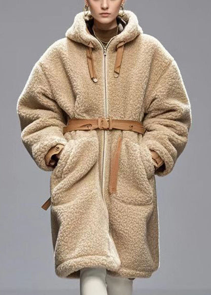 Beige Cinched Warm Fleece Hoodies Outwear Winter