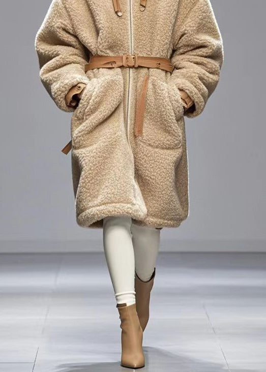 Beige Cinched Warm Fleece Hoodies Outwear Winter