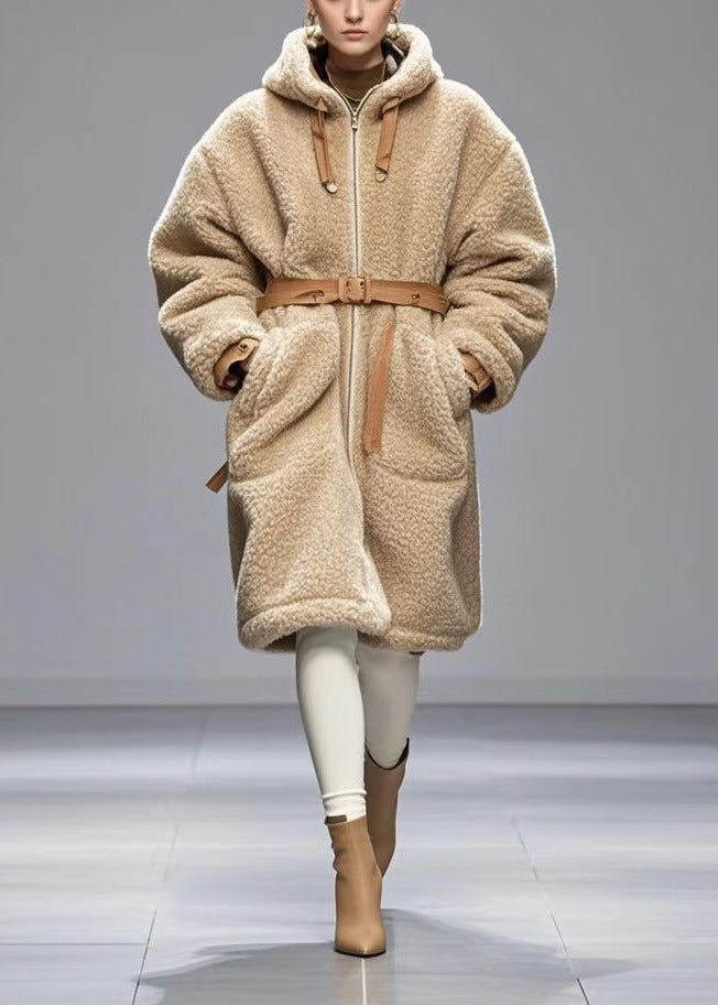 Beige Cinched Warm Fleece Hoodies Outwear Winter