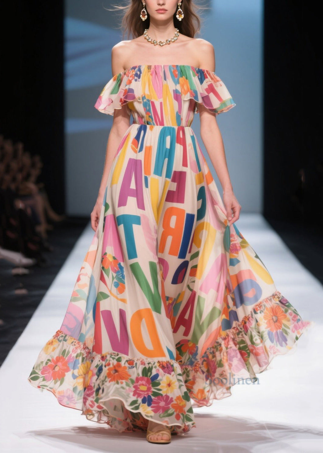 Beige Cold Shoulder Print Chiffon Beach Dress Summer