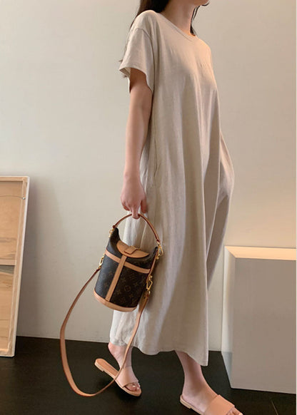 Beige Loose Cotton Maxi Dress Short Sleeve