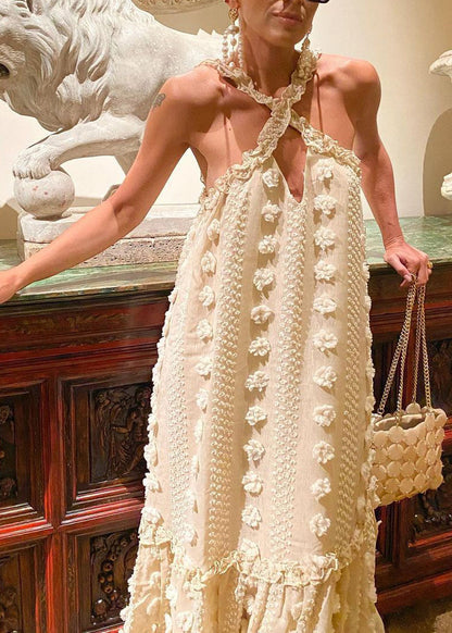 Beige Neck Tie Patchwork Holiday Maxi Dresses Summer