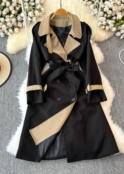 Beige Notched Pockets Button Tie Waist Long Trench Coats Spring