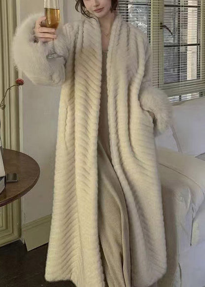Beige Oversized Faux Mink Hair Trench Coats Winter
