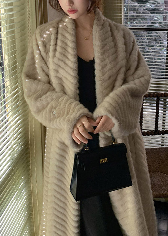 Beige Oversized Faux Mink Hair Trench Coats Winter