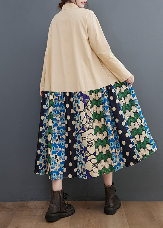Beige Oversized Patchwork Cotton Long Dress Fall