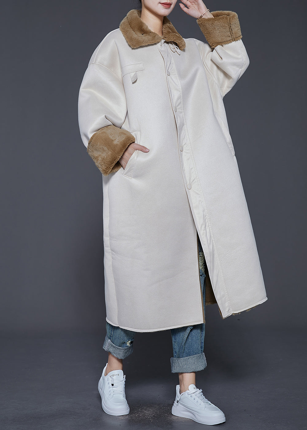 Beige Oversized Thick Warm Fleece Trench Winter
