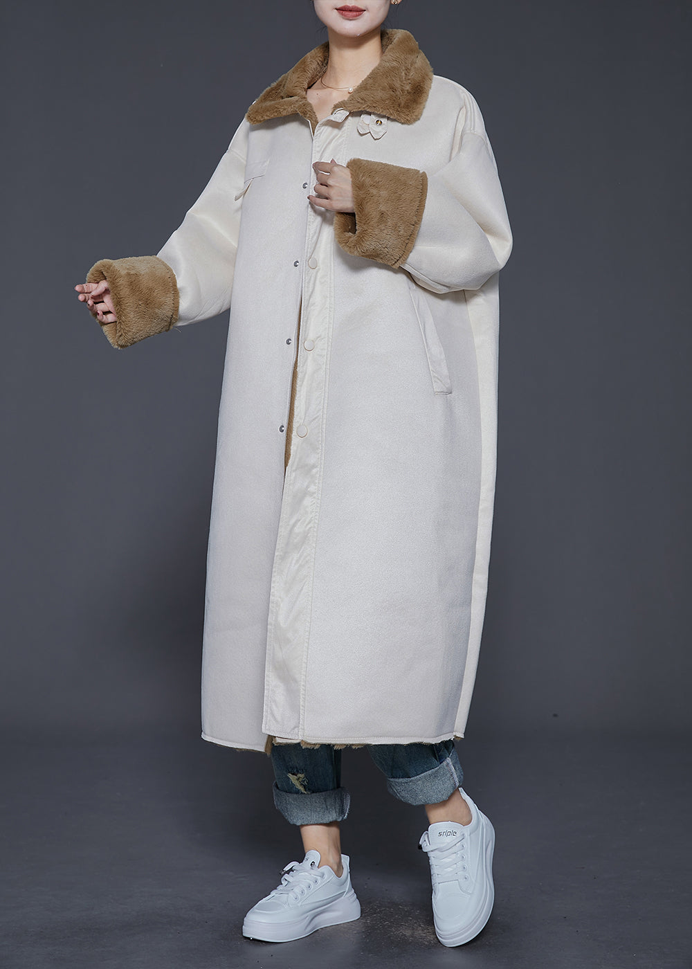 Beige Oversized Thick Warm Fleece Trench Winter