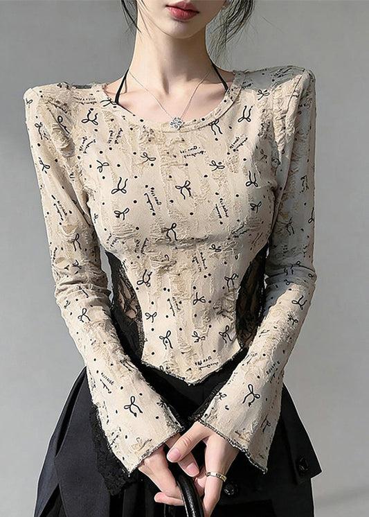 Boho Beige Print Lace Patchwork Cotton Blouses Flare Sleeve