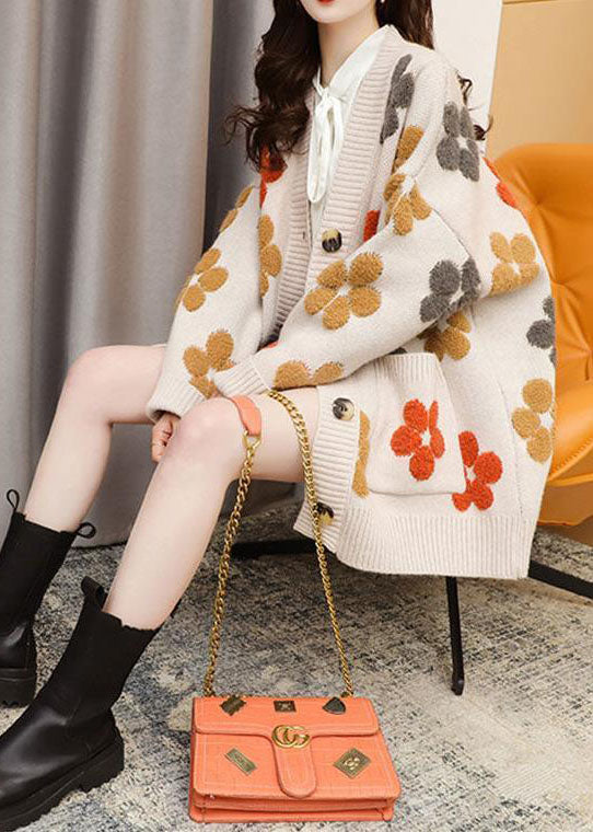 Beige V Neck Oversized Jacquard Knit Cardigan Winter
