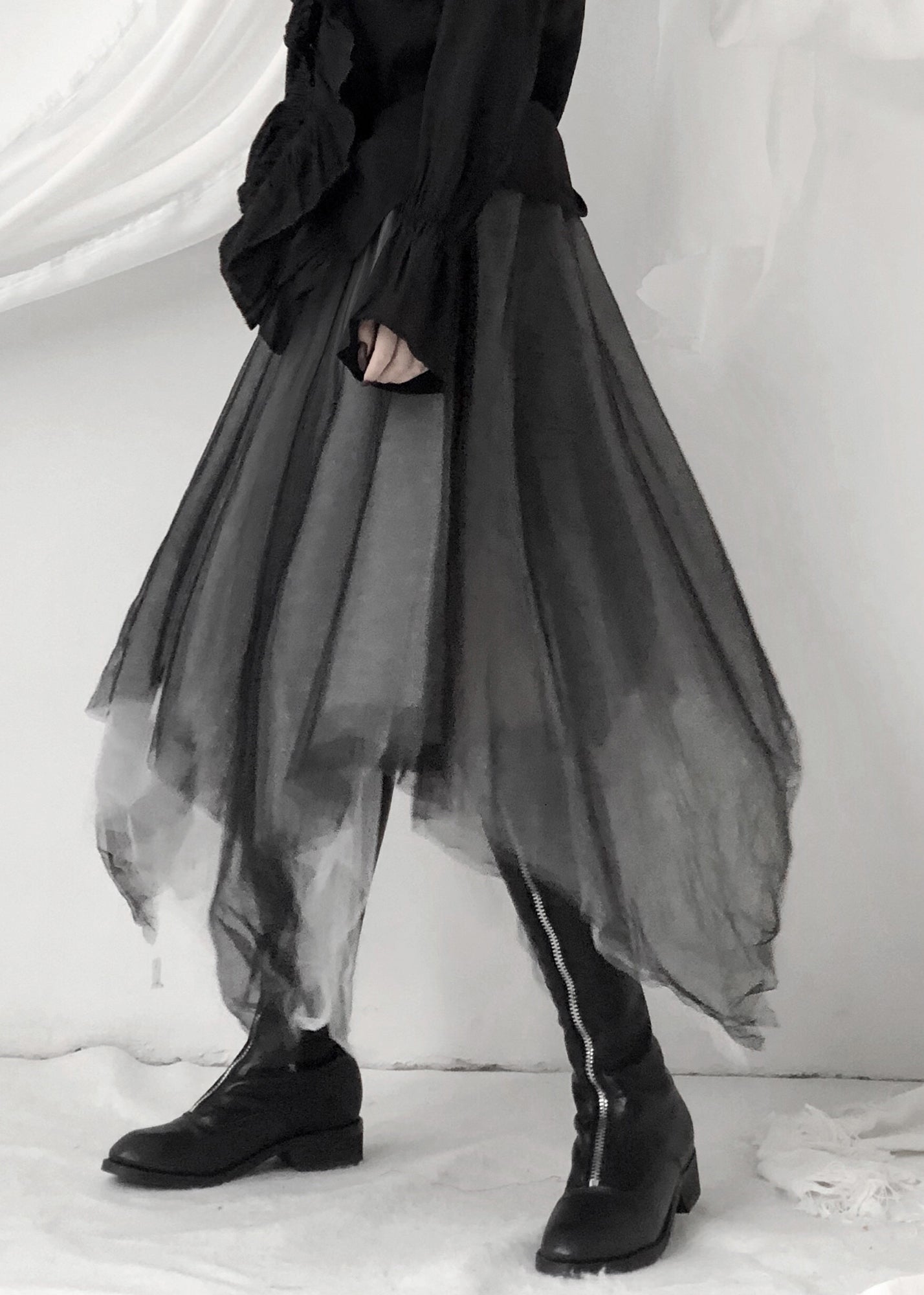 Black Asymmetrical Layered Tulle Maxi Skirt