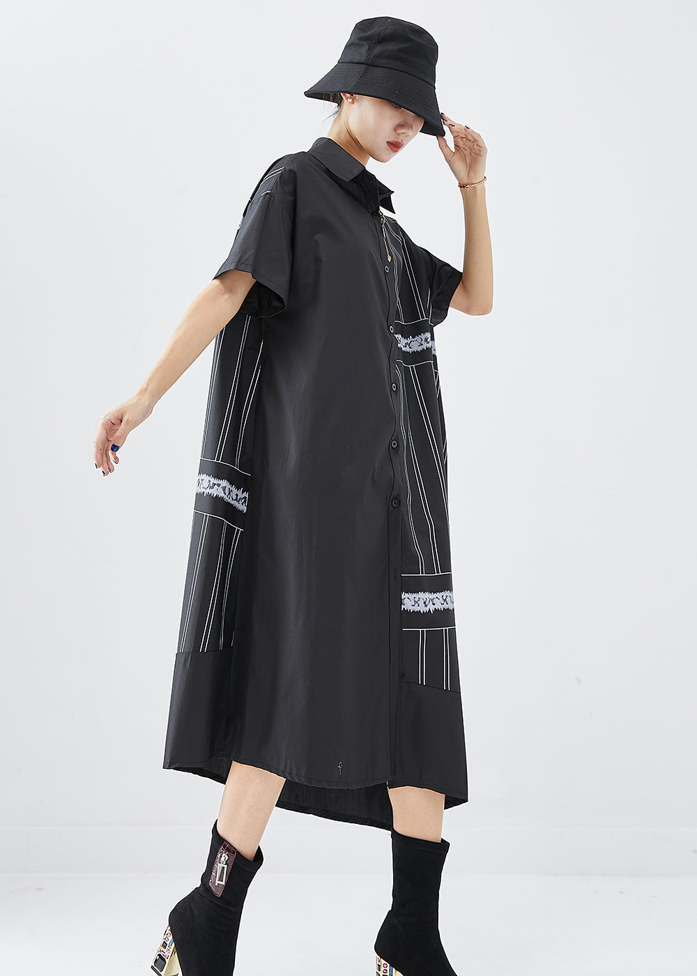 Black Asymmetrical Patchwork Cotton Dress Summer