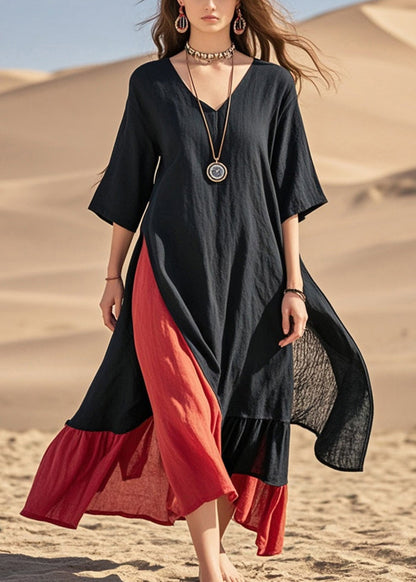 Black Asymmetrical Patchwork Cotton Maxi Dresses Summer