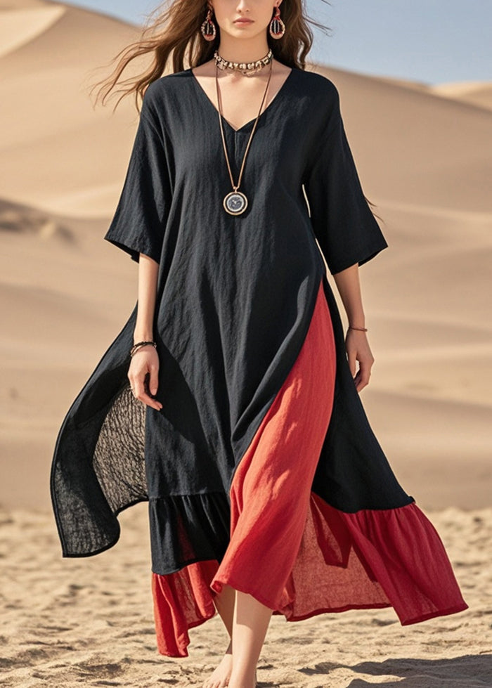 Black Asymmetrical Patchwork Cotton Maxi Dresses Summer