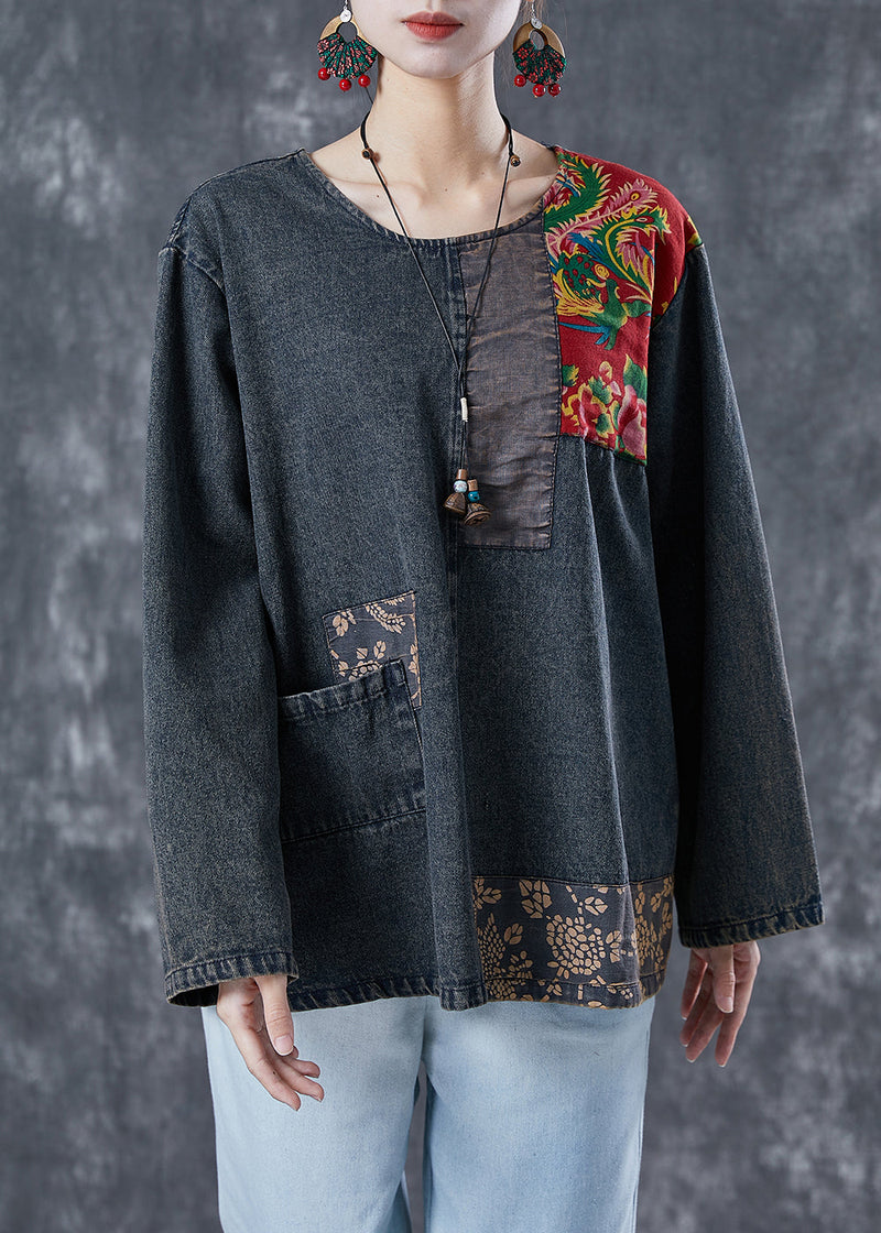 Black Asymmetrical Patchwork Denim Sweatshirts Top Spring