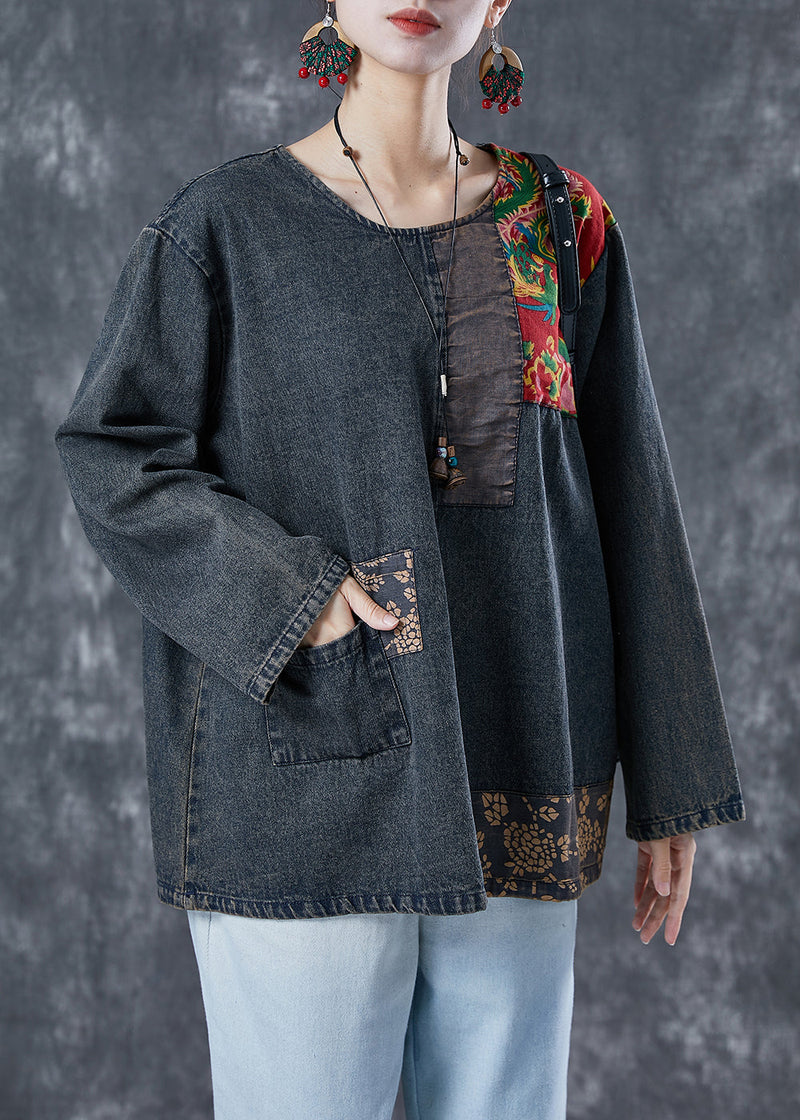 Black Asymmetrical Patchwork Denim Sweatshirts Top Spring