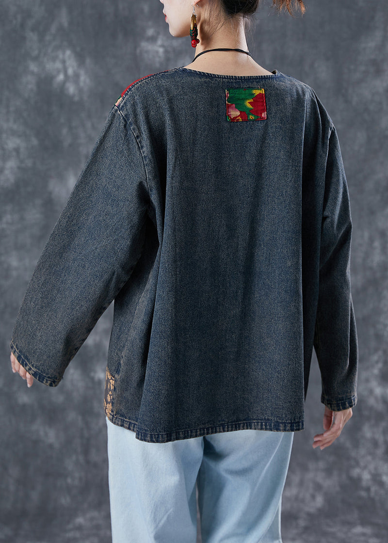 Black Asymmetrical Patchwork Denim Sweatshirts Top Spring