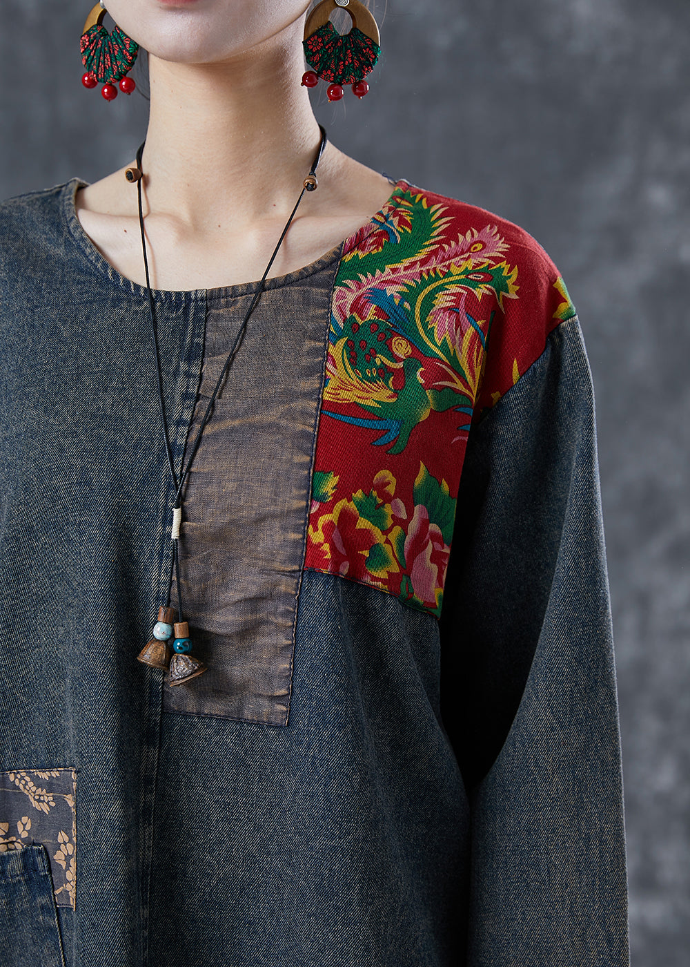 Boho Black Asymmetrical Patchwork Denim Sweatshirts Top Spring