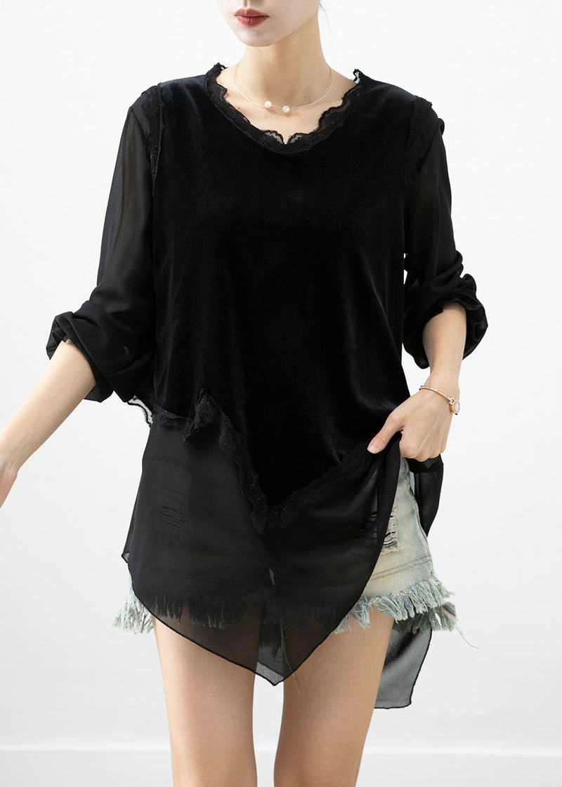 Black Asymmetrical Patchwork Silk Velour Blouse Tops Fall