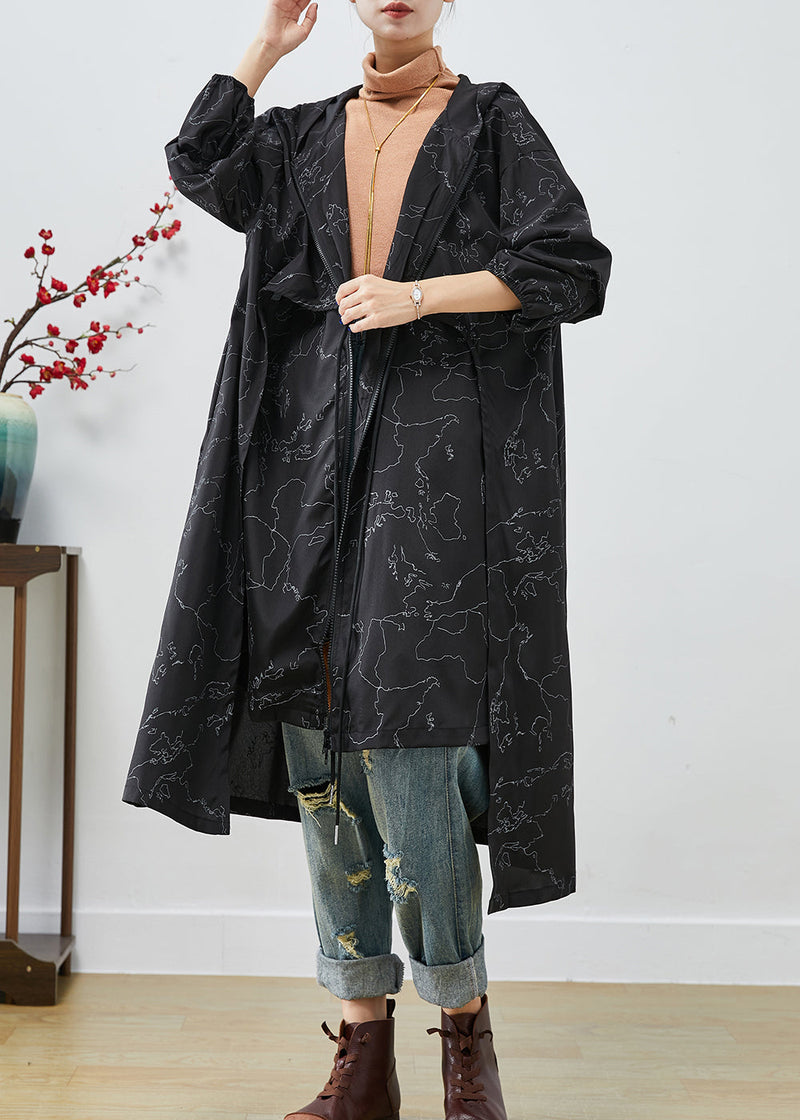 Black Asymmetrical Print Drawstring Spandex Trench Coats Fall
