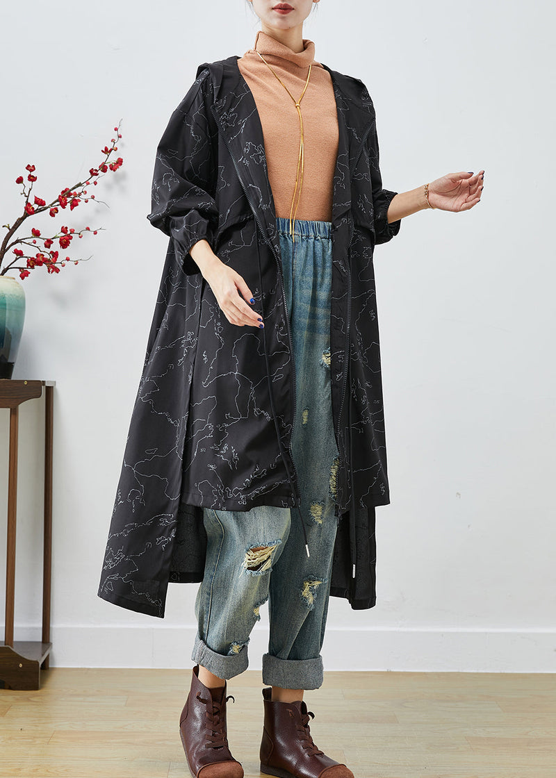 Black Asymmetrical Print Drawstring Spandex Trench Coats Fall