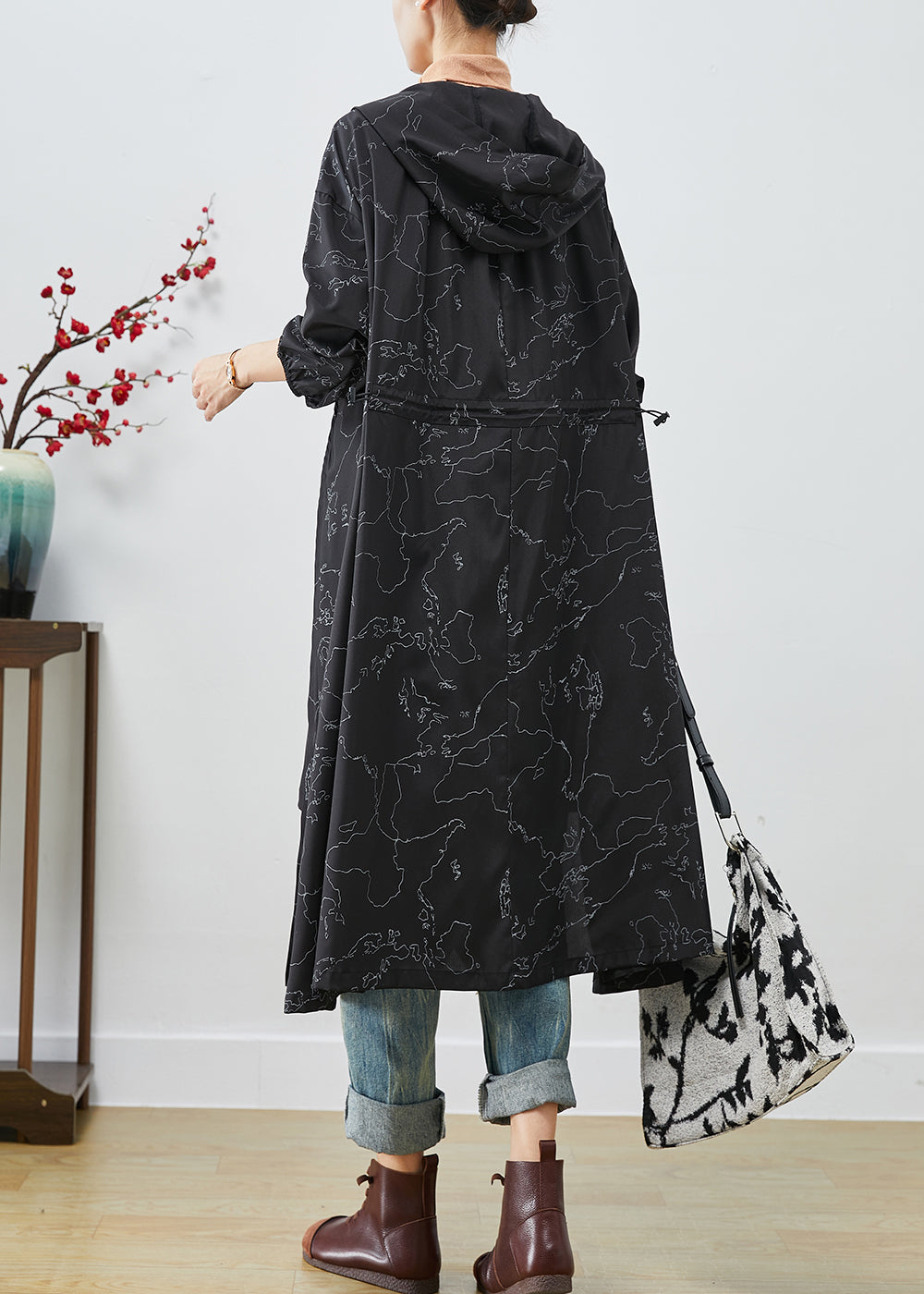 Black Asymmetrical Print Drawstring Spandex Trench Coats Fall