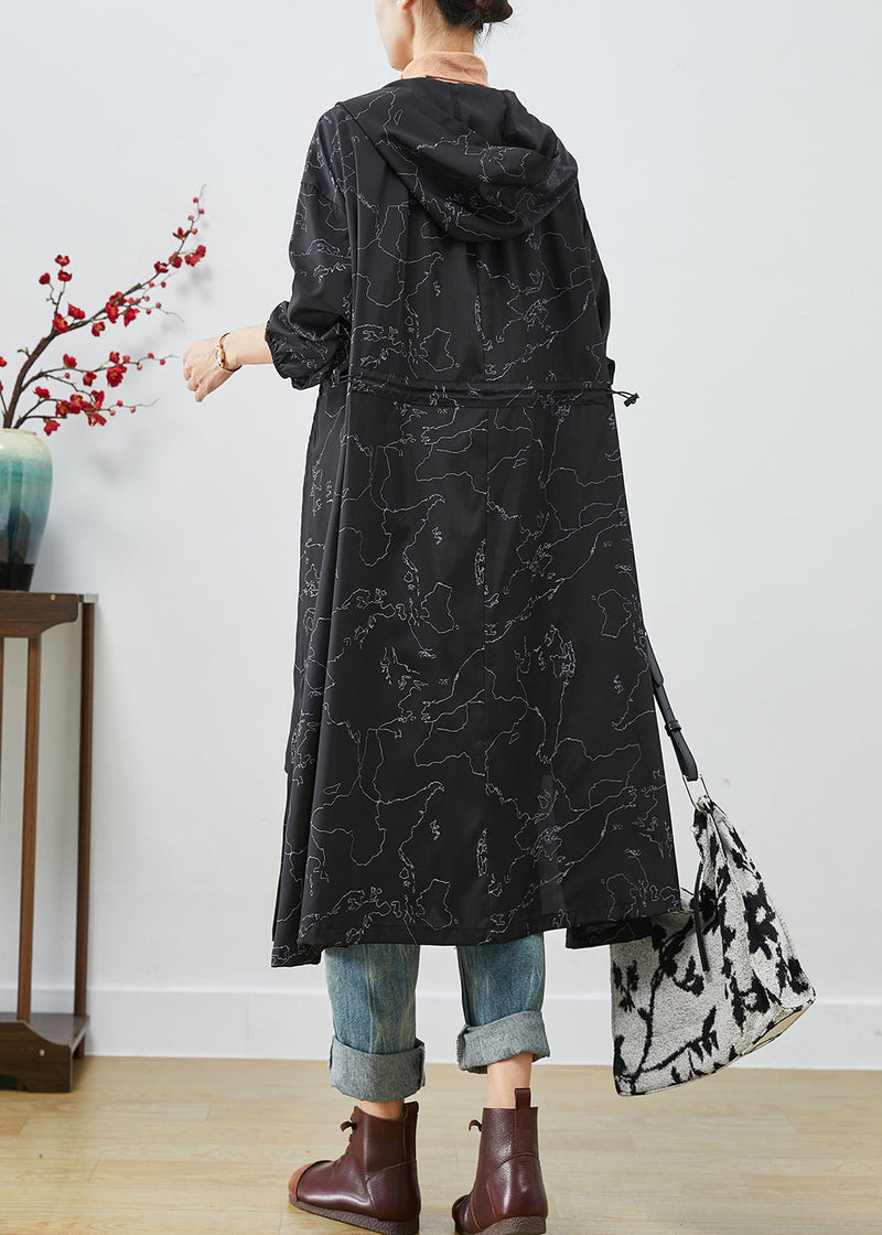 Black Asymmetrical Print Drawstring Spandex Trench Coats Fall